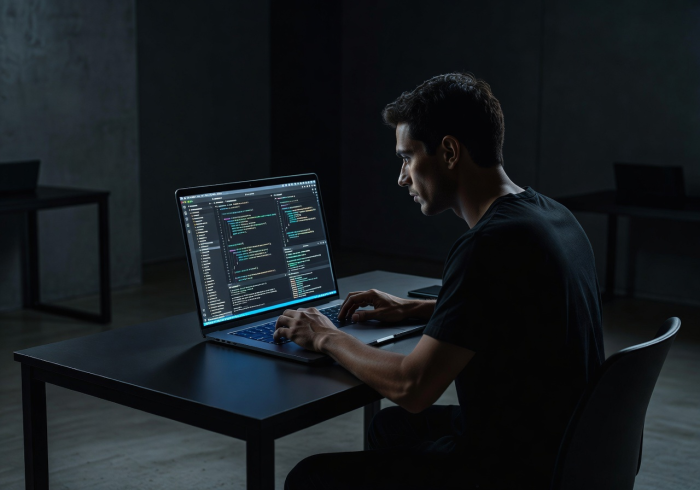 Full-stack developer writing clean code on laptop with multiple windows open in a dark modern workspace
