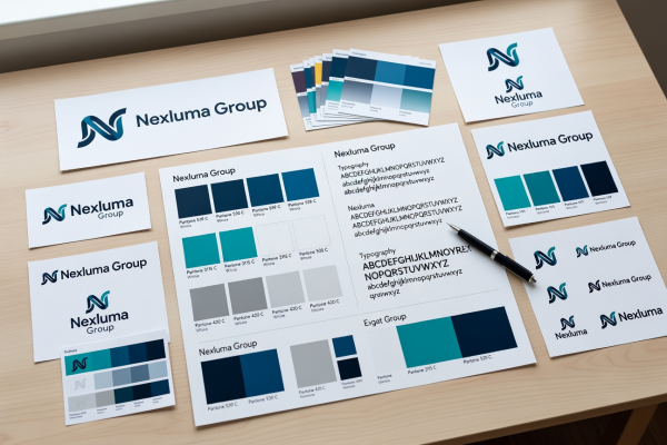 Nexluma Group brand identity design system with color palettes and typography guidelines spread on desk