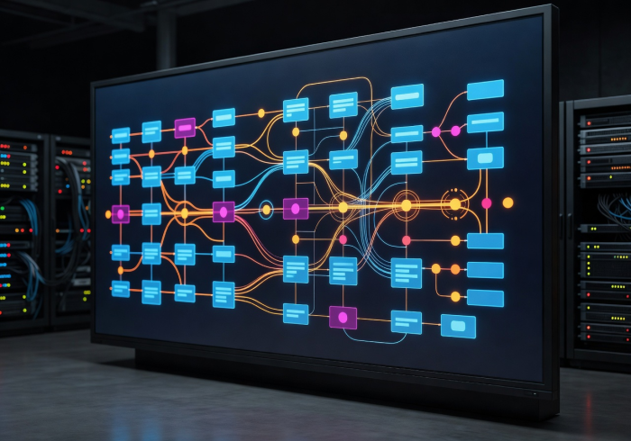 System integration architecture diagram showing connected platforms APIs and workflow automation on technical display
