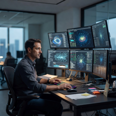 Theo Wainsberg chief technology officer of ZymoraOrbit at his desk with multiple monitors