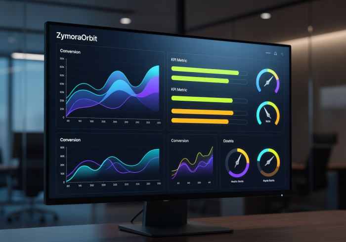 ZymoraOrbit analytics dashboard showing data visualizations with conversion graphs and KPI metrics on monitor