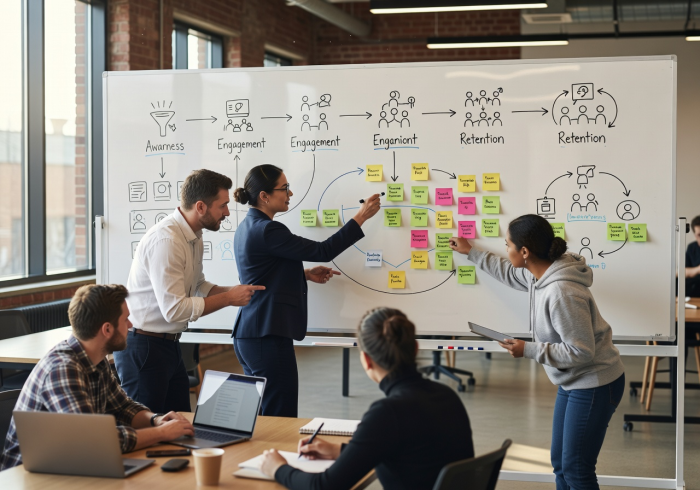 ZymoraOrbit digital strategy workshop with team members mapping customer journey on large whiteboard