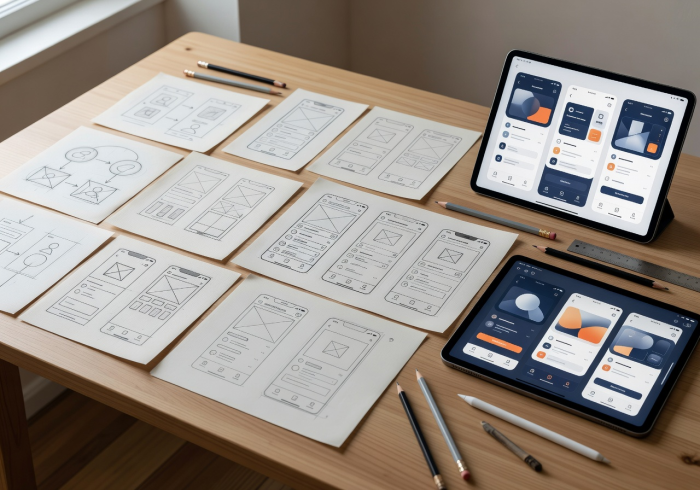 ZymoraOrbit strategic design process with sketches wireframes and digital mockups spread on light desk