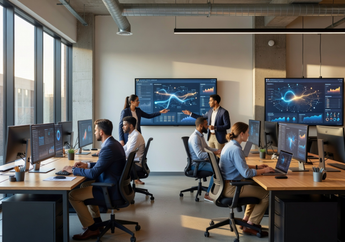 ZymoraOrbit team working on digital strategy at a modern workspace with multiple screens
